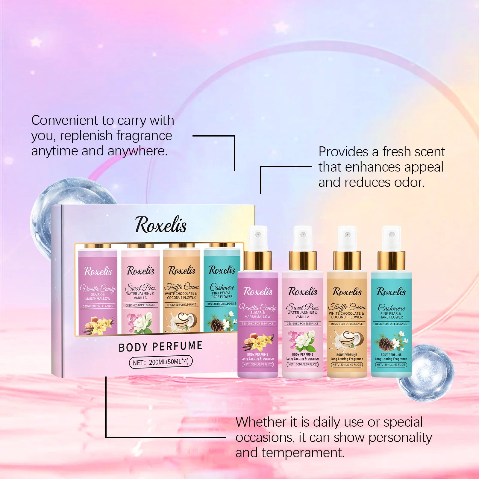 Roxelis 1set Body Fragrance Perfume Spray Set Long Lasting Freshing Fruit Scent Daily