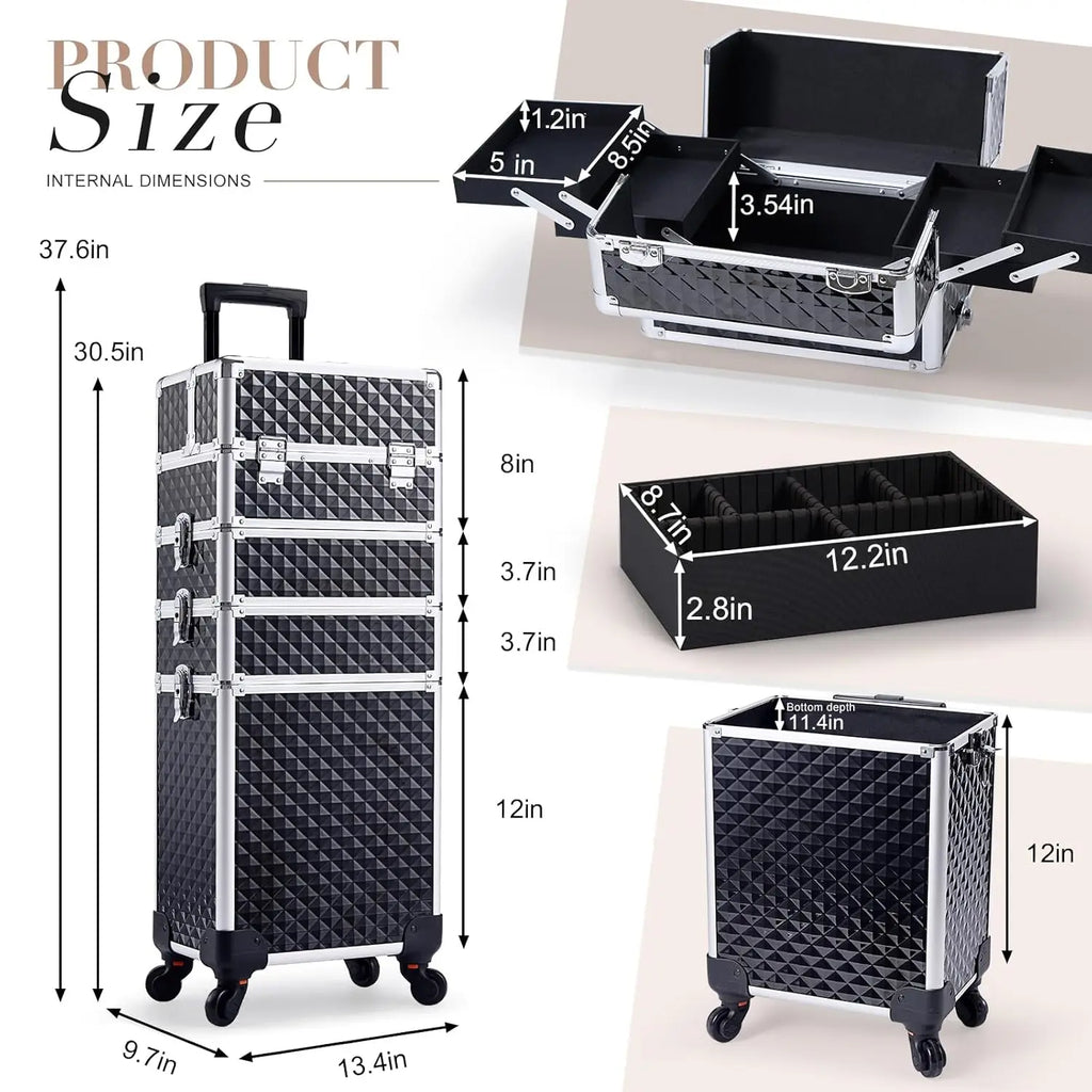 Rolling Makeup Train Case Cosmetic Trolley 4 in 1 Large Capacity Makeup Travel Case with Key  Wheels Salon Barber Case Traveling