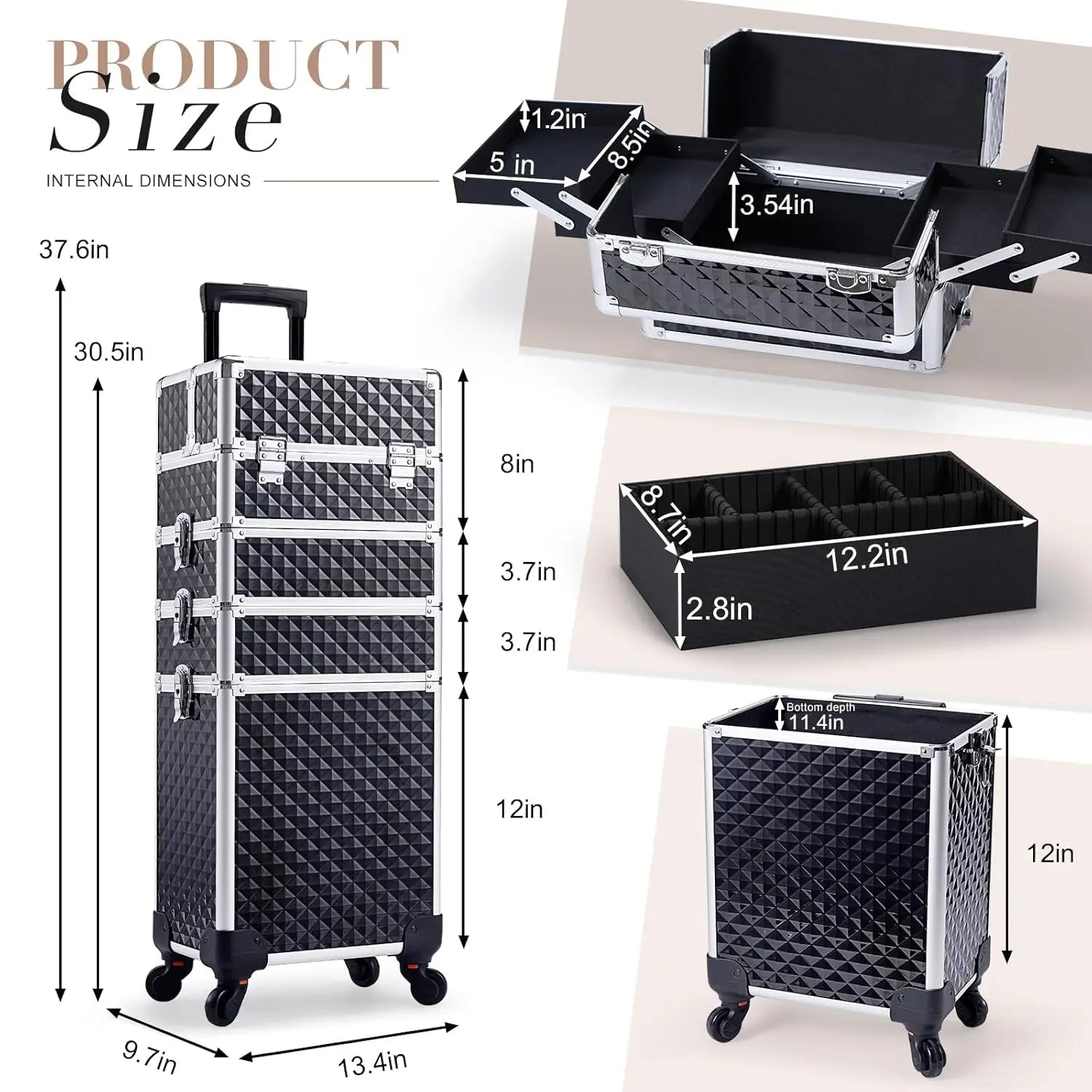 Rolling Makeup Train Case Cosmetic Trolley 4 in 1 Large Capacity Makeup Travel Case with Key  Wheels Salon Barber Case Traveling