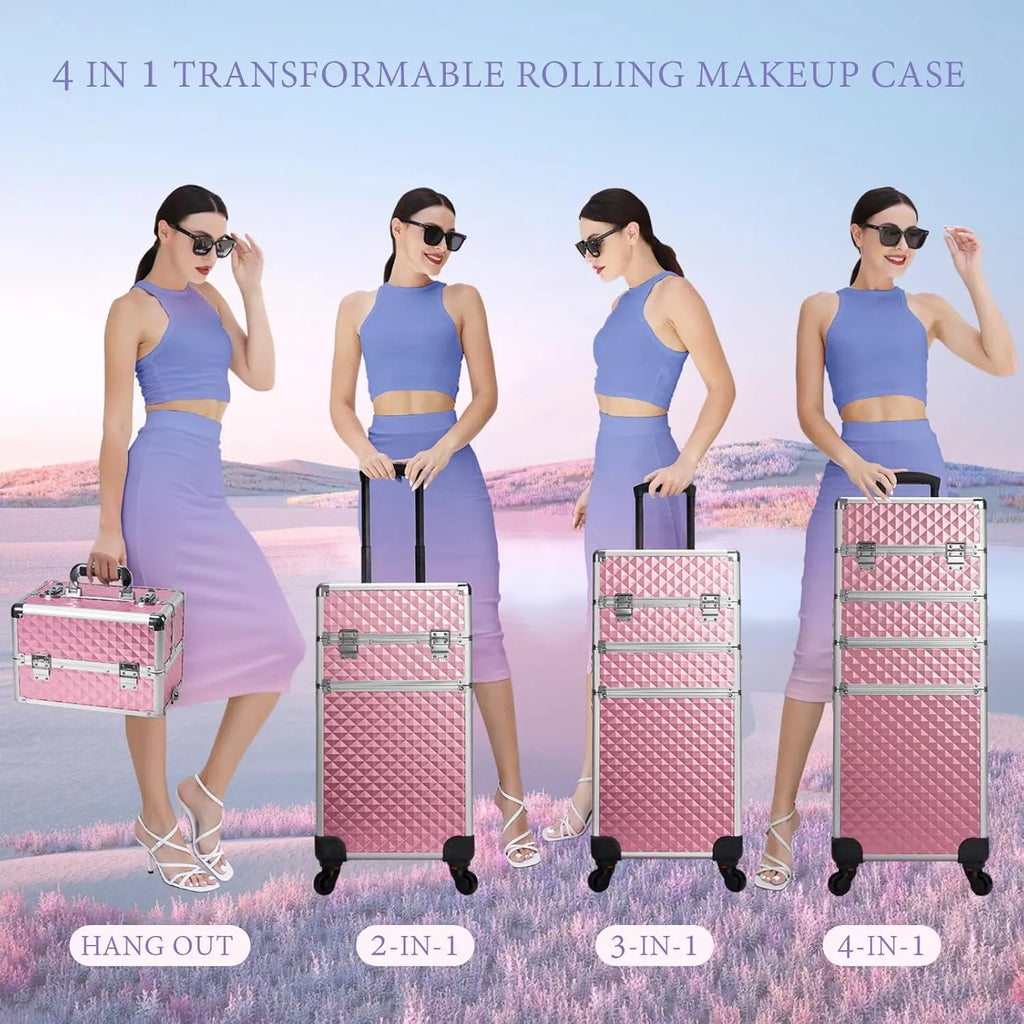 Rolling Makeup Train Case Cosmetic Trolley 4 in 1 Large Capacity Makeup Travel Case with Key  Wheels Salon Barber Case Traveling