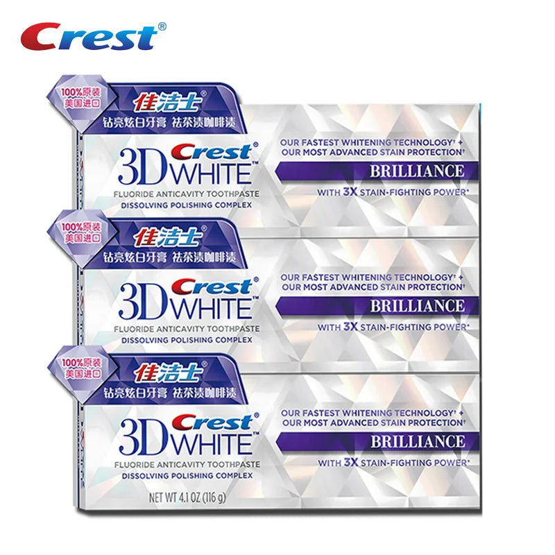 Crest 3D White Toothpaste Advanced Fluoride Anticavity Complex Brilliance Teeth Whitening Tooth Paste Squeezer Tubes 90g*3 Pcs