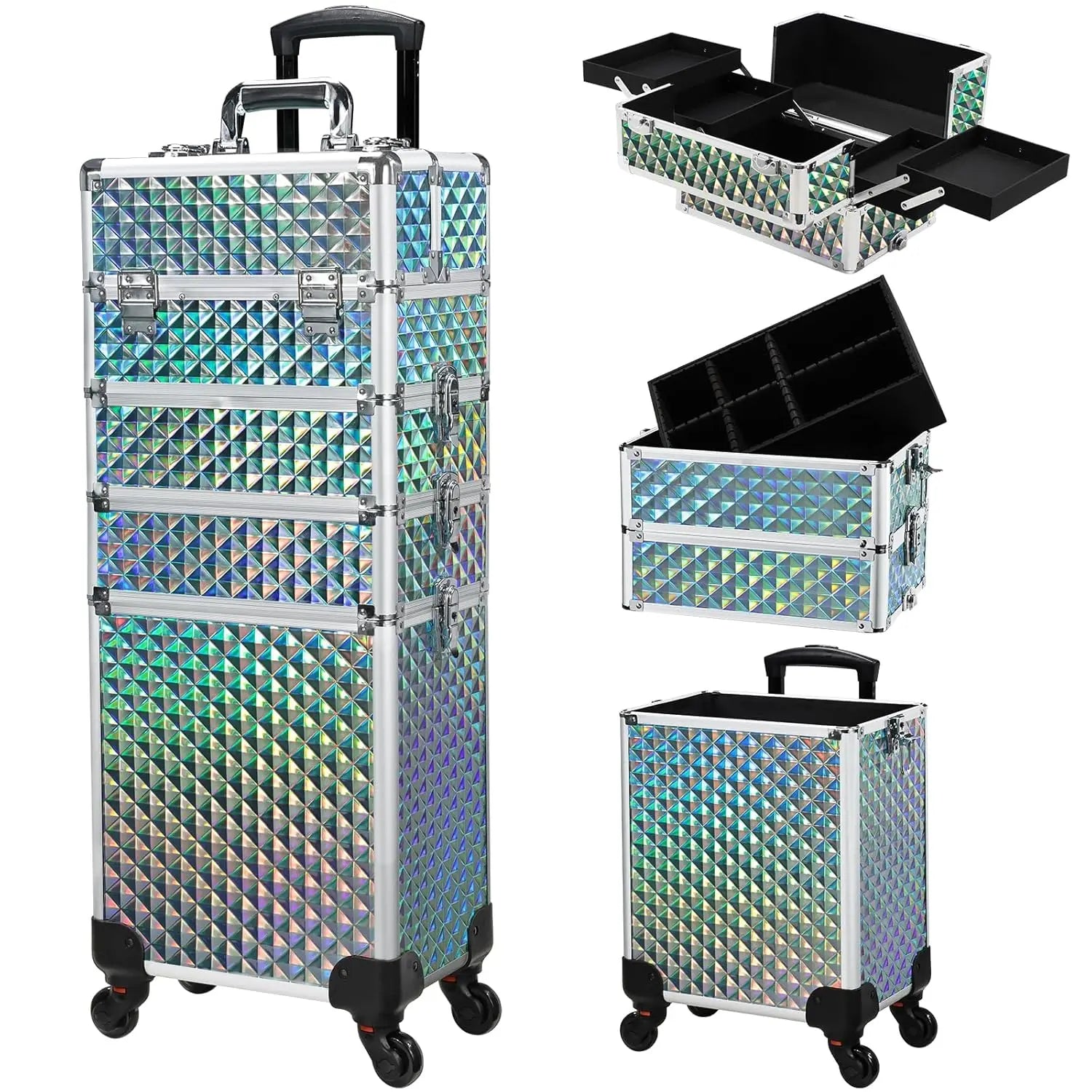 Rolling Makeup Train Case Cosmetic Trolley 4 in 1 Large Capacity Makeup Travel Case with Key  Wheels Salon Barber Case Traveling