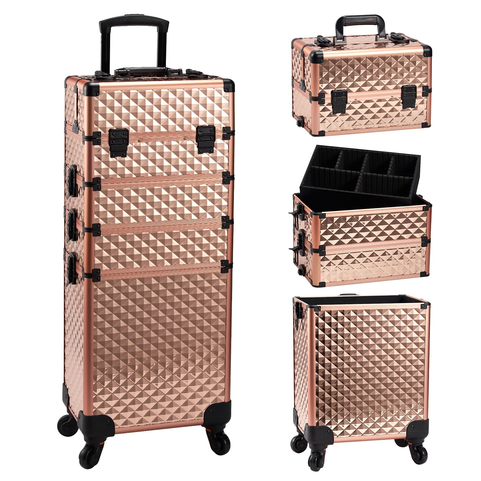Rolling Makeup Train Case Cosmetic Trolley 4 in 1 Large Capacity Makeup Travel Case with Key  Wheels Salon Barber Case Traveling
