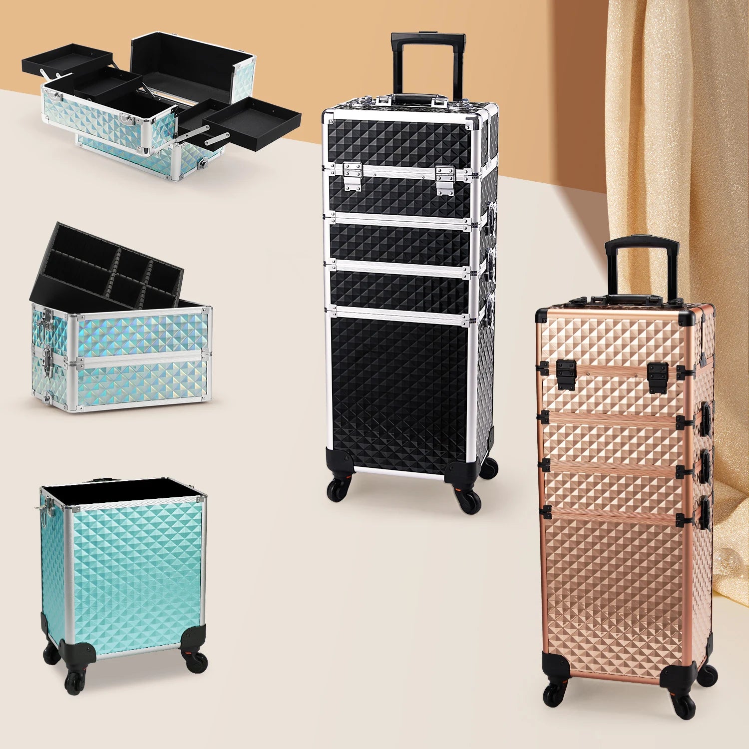Rolling Makeup Train Case Cosmetic Trolley 4 in 1 Large Capacity Makeup Travel Case with Key  Wheels Salon Barber Case Traveling