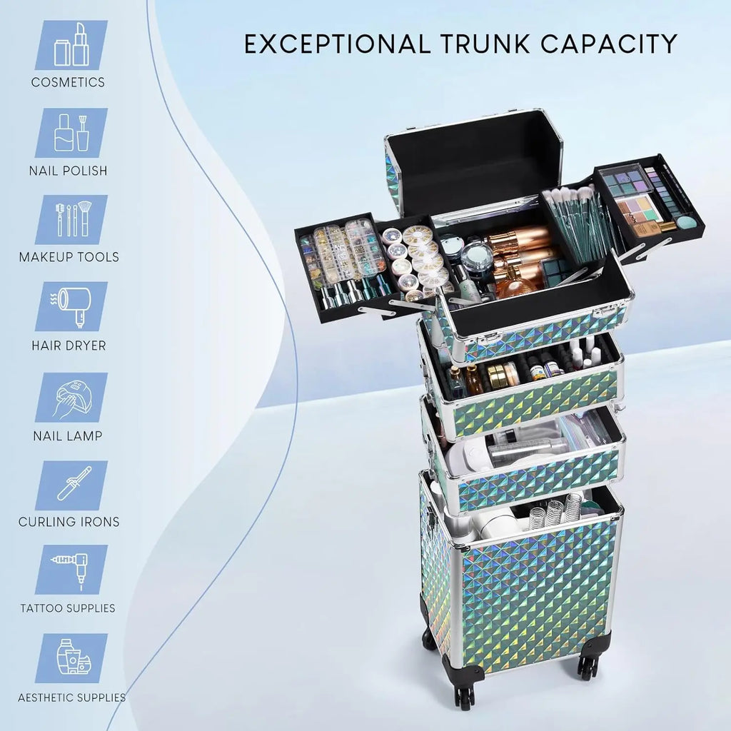 Rolling Makeup Train Case Cosmetic Trolley 4 in 1 Large Capacity Makeup Travel Case with Key  Wheels Salon Barber Case Traveling