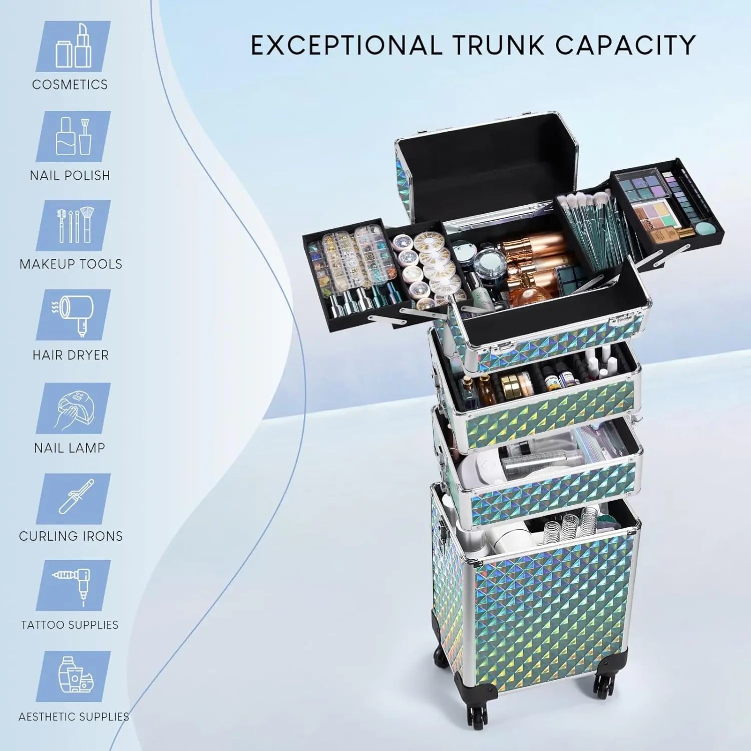 Rolling Makeup Train Case Cosmetic Trolley 4 in 1 Large Capacity Makeup Travel Case with Key  Wheels Salon Barber Case Traveling