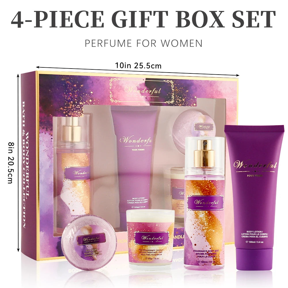 Women's Fragrance Sets 3.4fl.oz Body Mist, 3.4fl.oz Body Lotion, 3oz Candle and 2oz Bath Bomb 4 Pcs WONDERFUL Gift for Women
