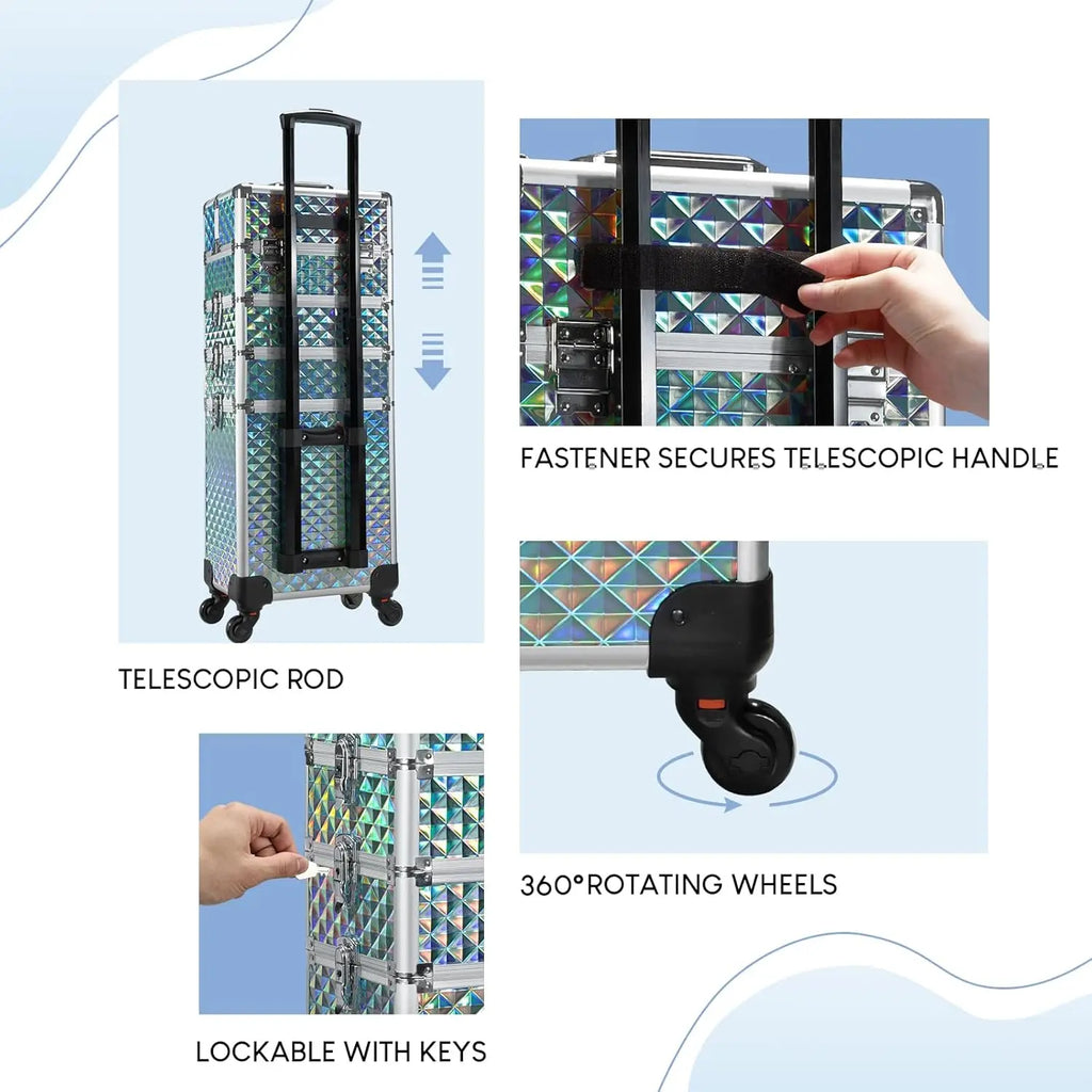 Rolling Makeup Train Case Cosmetic Trolley 4 in 1 Large Capacity Makeup Travel Case with Key  Wheels Salon Barber Case Traveling