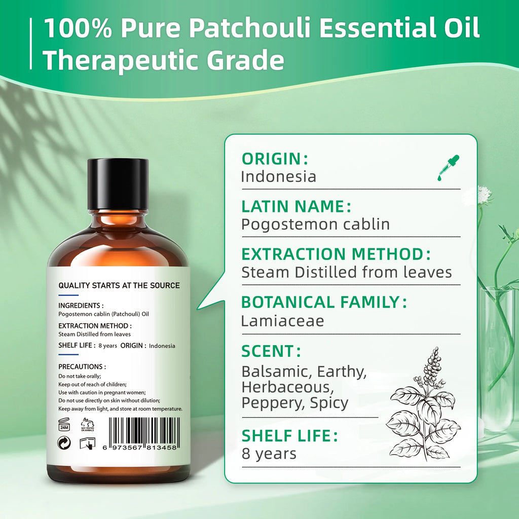 HIQILI 100ML Patchouli Essential Oils,100% Pure Nature for Aromatherapy, Diffuser, Humidifier, Massage.