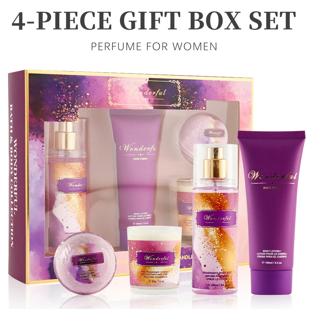 Women's Fragrance Sets 3.4fl.oz Body Mist, 3.4fl.oz Body Lotion, 3oz Candle and 2oz Bath Bomb 4 Pcs WONDERFUL Gift for Women