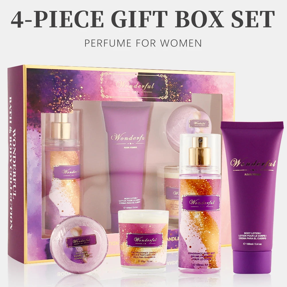 Women's Fragrance Sets 3.4fl.oz Body Mist, 3.4fl.oz Body Lotion, 3oz Candle and 2oz Bath Bomb 4 Pcs WONDERFUL Gift for Women