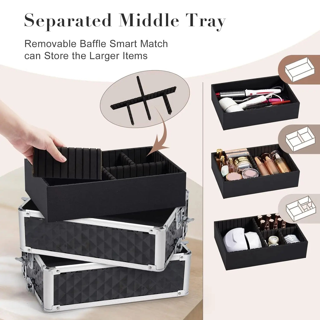 Rolling Makeup Train Case Cosmetic Trolley 4 in 1 Large Capacity Makeup Travel Case with Key  Wheels Salon Barber Case Traveling