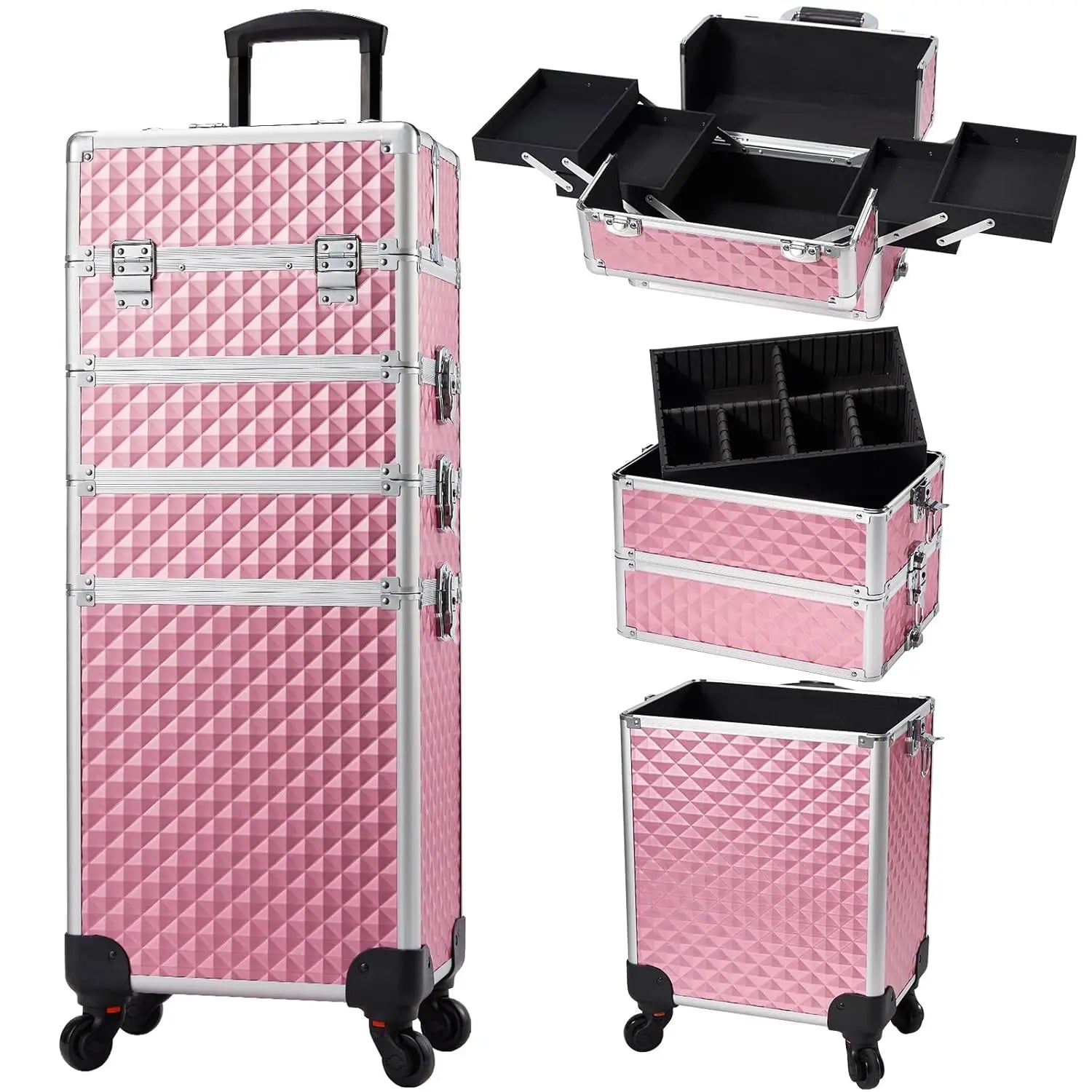 Rolling Makeup Train Case Cosmetic Trolley 4 in 1 Large Capacity Makeup Travel Case with Key  Wheels Salon Barber Case Traveling