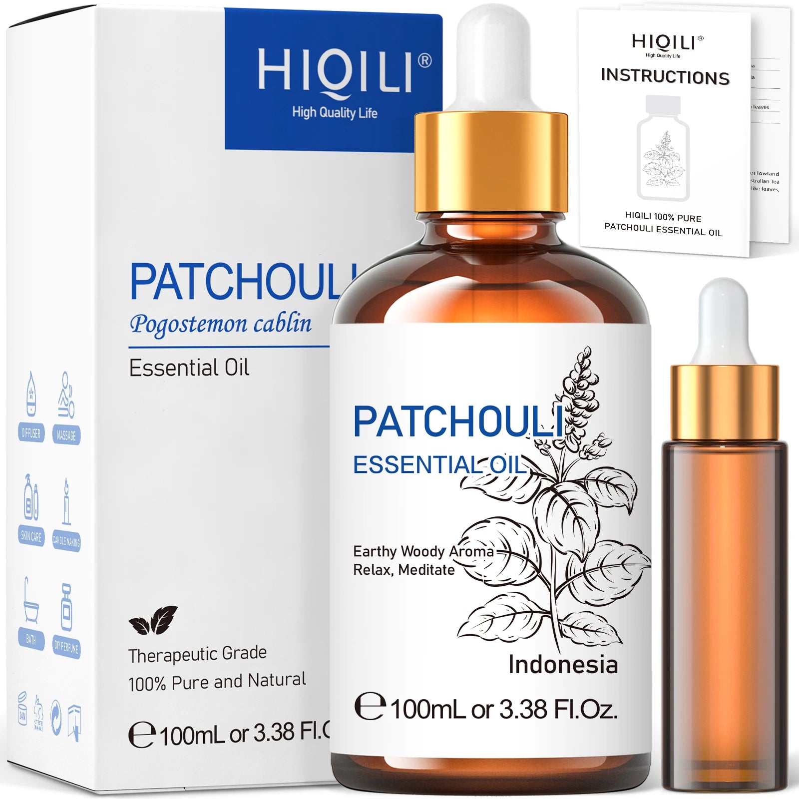 HIQILI 100ML Patchouli Essential Oils,100% Pure Nature for Aromatherapy, Diffuser, Humidifier, Massage.