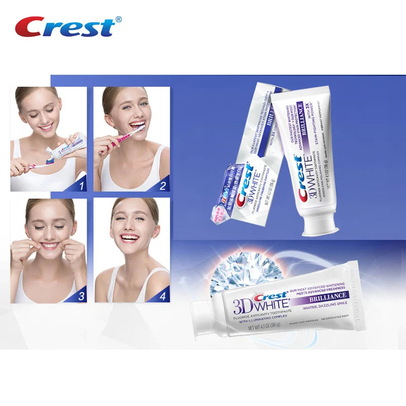 Crest 3D White Toothpaste Advanced Fluoride Anticavity Complex Brilliance Teeth Whitening Tooth Paste Squeezer Tubes 90g*3 Pcs